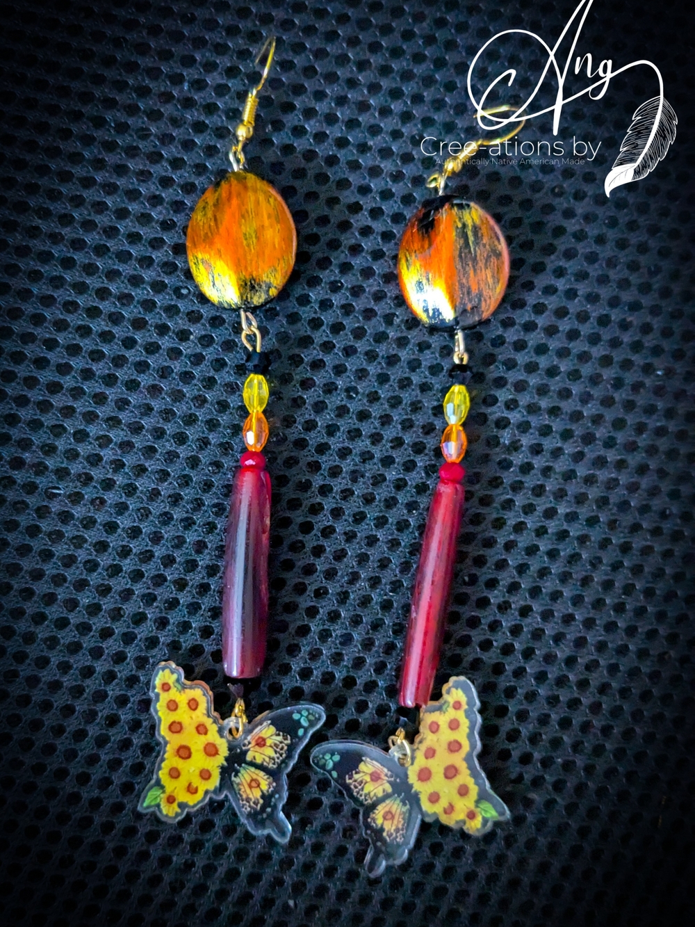 Indigenous Yellow & Red Butterfly Buffalo Bone Drop Earrings